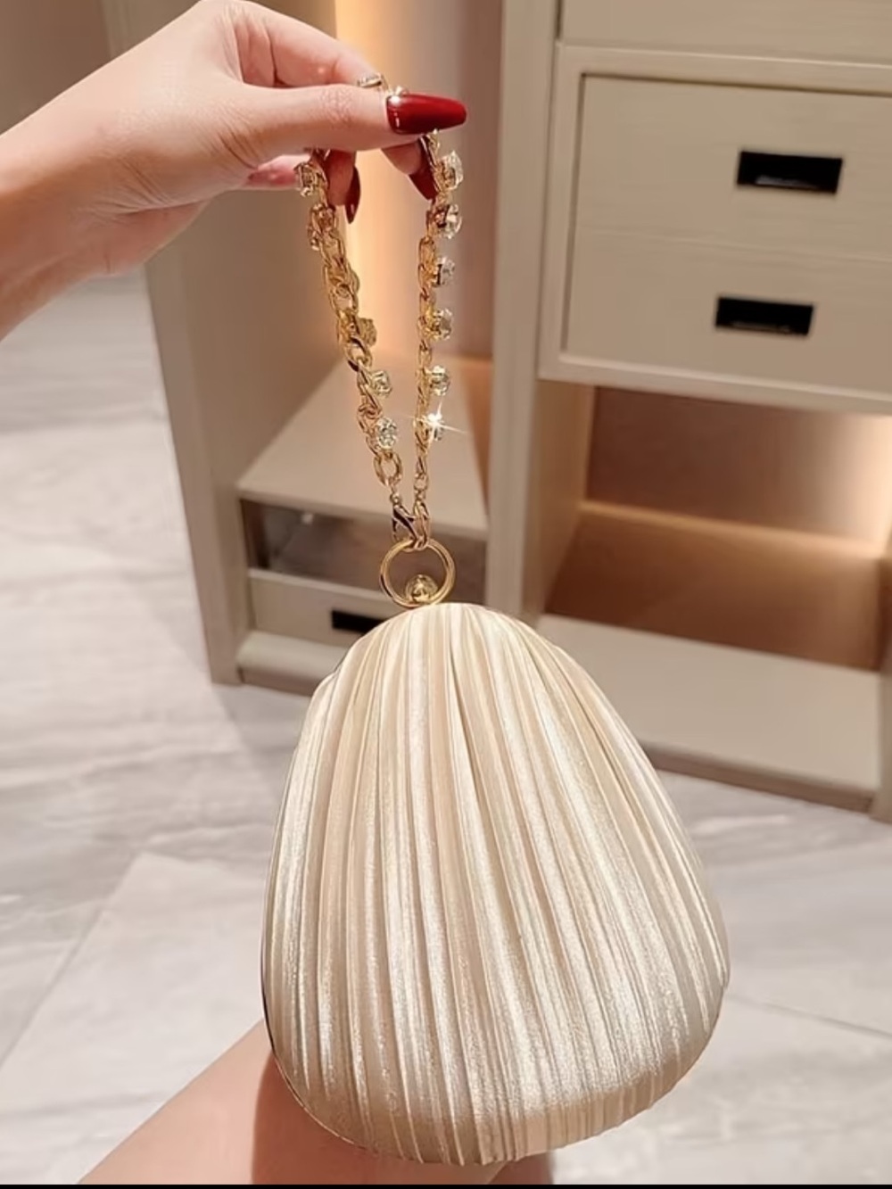 New Elegant Cream Pleated Evening Wristlet Bag with Gold Chain